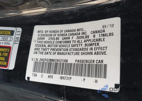 2012 Honda Civic Ex from USA, damaged, VIN 2HGFG3B86CH531506